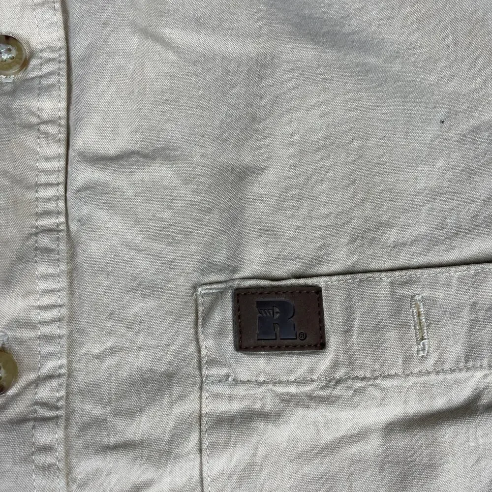 Vintage Wrangler Riggs Workwear Beige Short Sleeve Chambray Work Shirt Sz L
